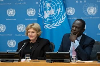 U.N. special rapporteurs Mary Lawlor, left, and Clément Voule in 2023. Image courtesy of U.N. Photo/Evan Schneider.