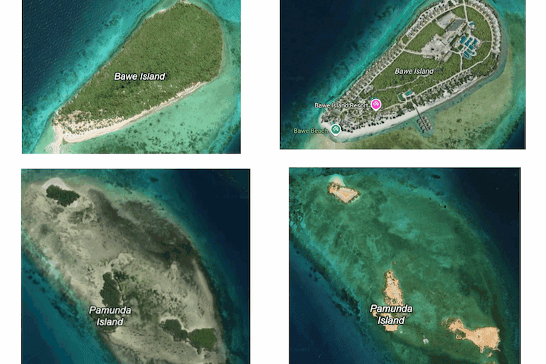 Changes in forest cover off the west coast of Unguja from 2017, left, to 2024, right, with Bawe Islet shown above and Pamunda Islet below. Map generated with Google Maps.