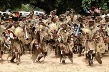 Members of the Nazareth Baptist (Shembe) Church in South Africa wearing both wildlife skins and synthetic Heritage Furs provided in partnership with Panthera. Image courtesy of Gareth Whittington-Jones/Panthera.