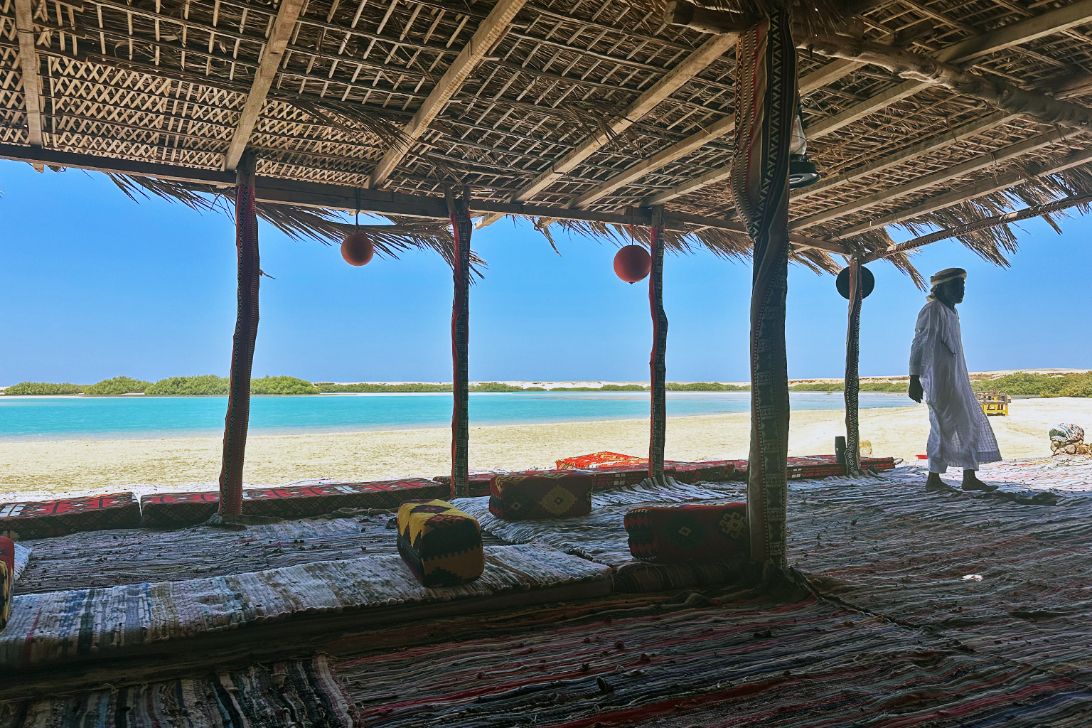 Abu Nessma at the café. View of the lagoon and the mangroves from the tent in which coffee and tea are served.