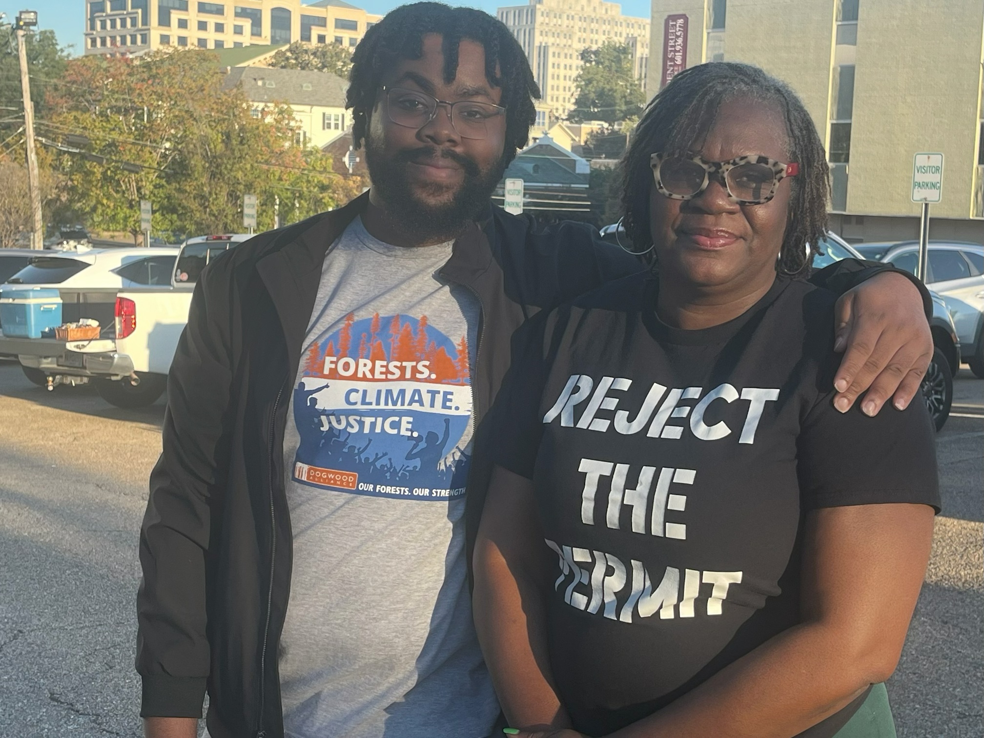 Krystal Martin, right, co-founder of Greater Greener Gloster, attended the October Mississippi DEQ hearing in Jackson with many of her neighbors, who say they were disappointed with the outcome. She stands beside Kadin Love, a social justice organizer with the Dogwood Alliance, an environmental nonprofit. Image courtesy of Krystal Martin. 