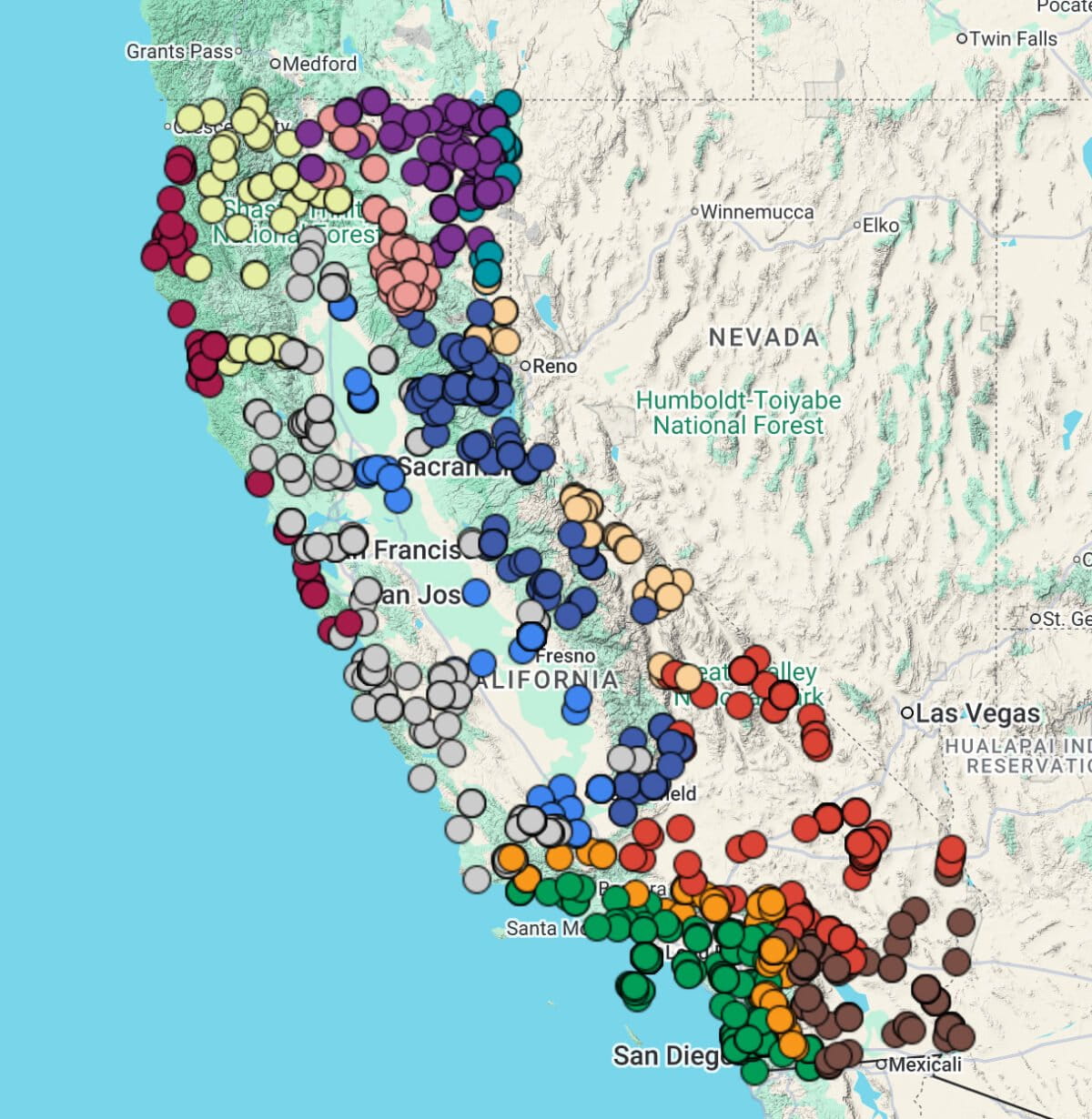 Insect collection locations across California for the barcoding initiative. Points are colored by the ecoregion where the collection occurred.