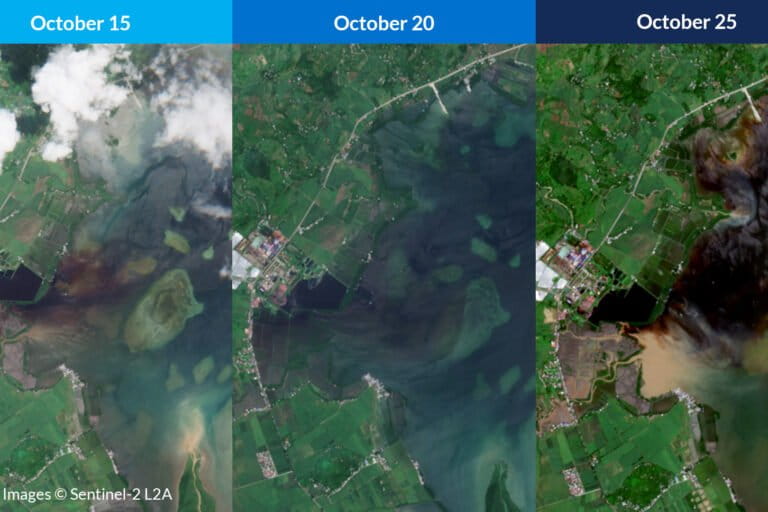 Satellite images of the chemical spill in Bais Bay. Images courtesy of Sentinel-2L2A.