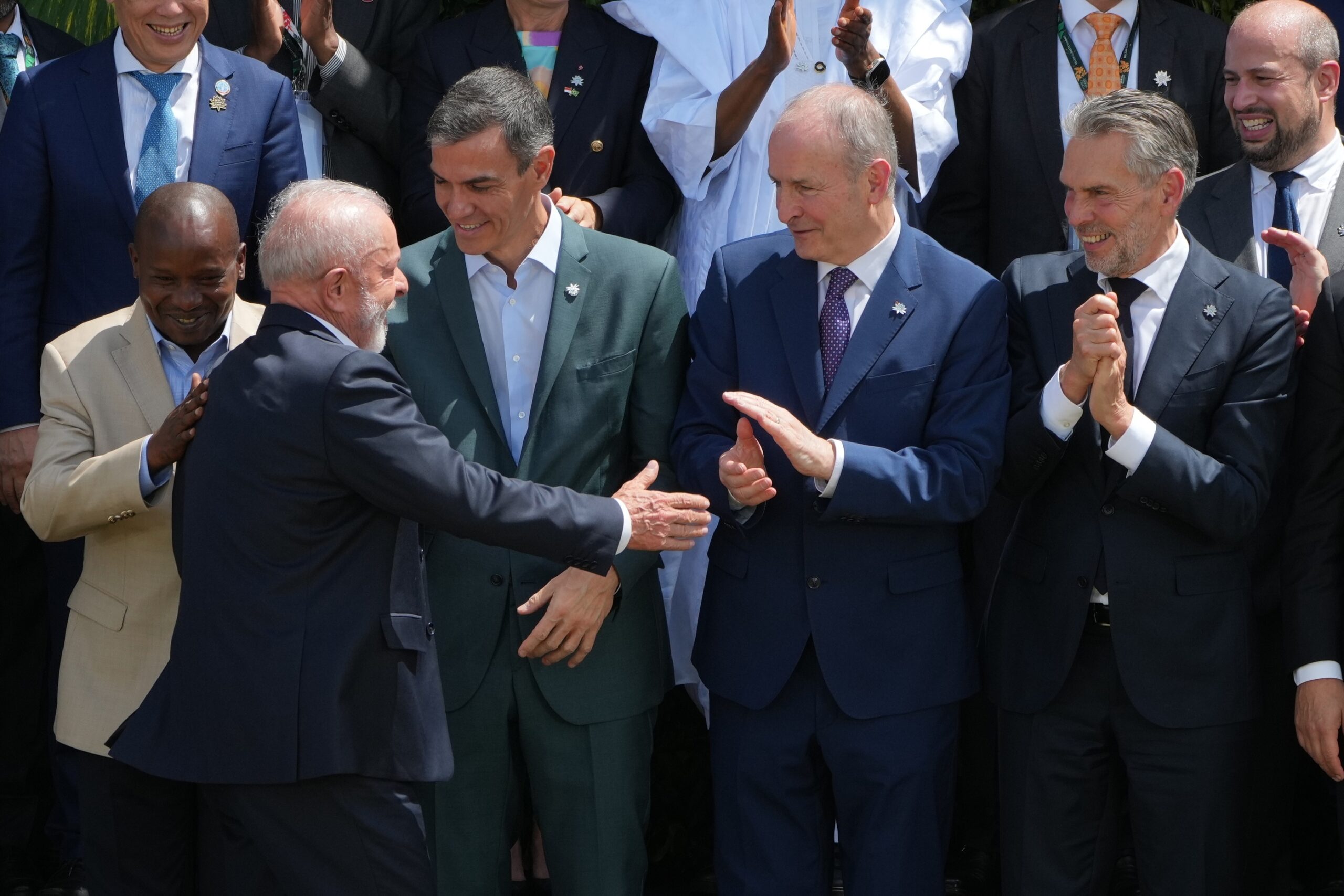 Brazilian President Luiz Inácio Lula da Silva (second from left) greets Kenyan Vice President Kithure Kindiki; Spanish Prime Minister Pedro Sánchez; Irish Taoiseach Micheál Martin; and Dutch Prime Minister Dick Schoof during the UN COP30 Climate Summit in Belém, Brazil, on Friday, November 7, 2025. Image by AP/Fernando Llano.