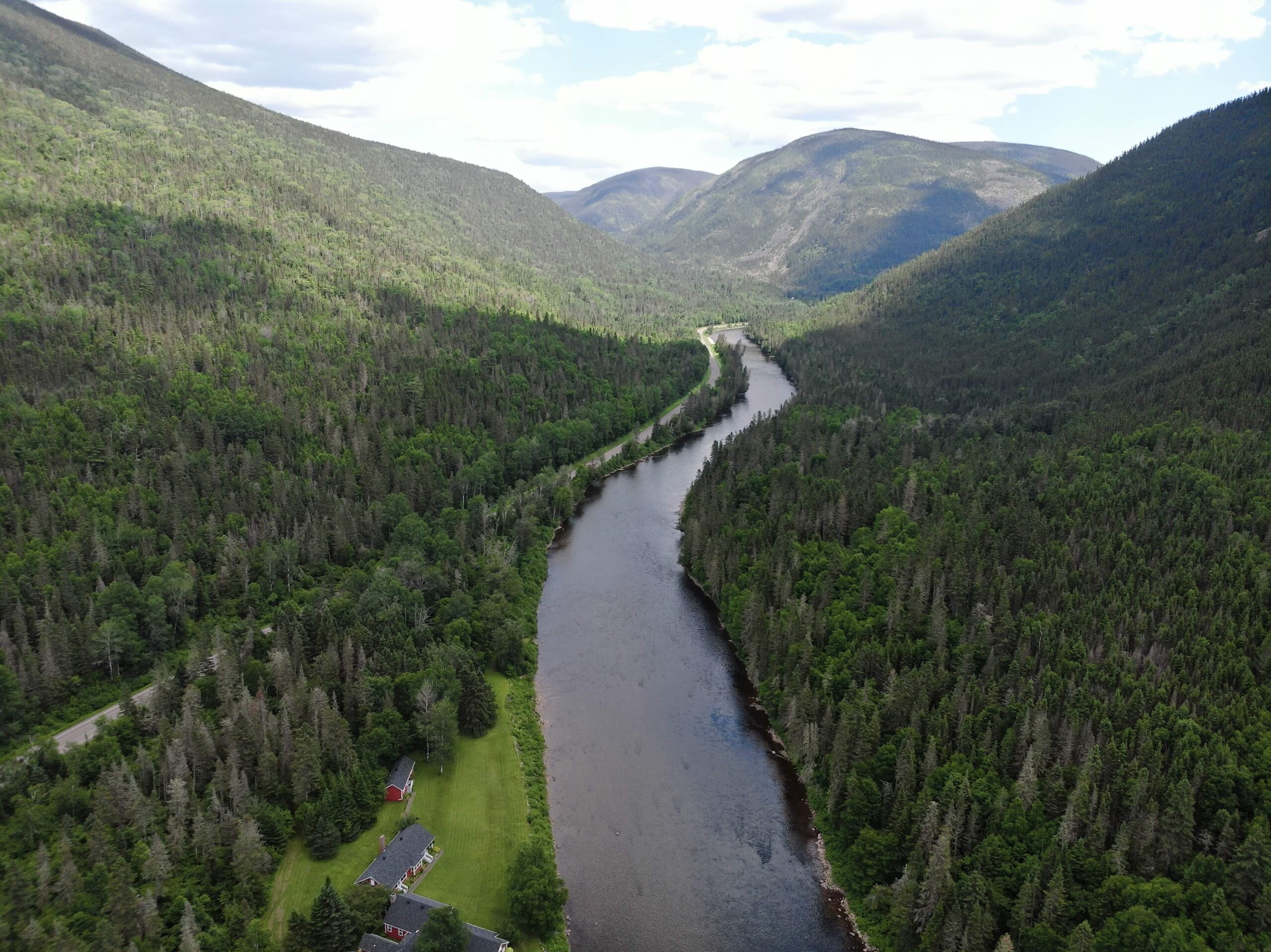 Aerial view of the Cascapedia river. The Cascapedia river is a major highway for atlantic salmons, now at stake of disappearing due to cimate change and overfishing— putting the local indigenous population that has thrived off of it for thousands of years at risk. Image by Boris R. Thebia.