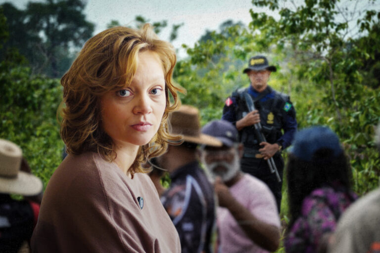 Collage: A group of security guards preventing people from crossing a checkpoint and Fernanda Wenzel Mongabay reporter