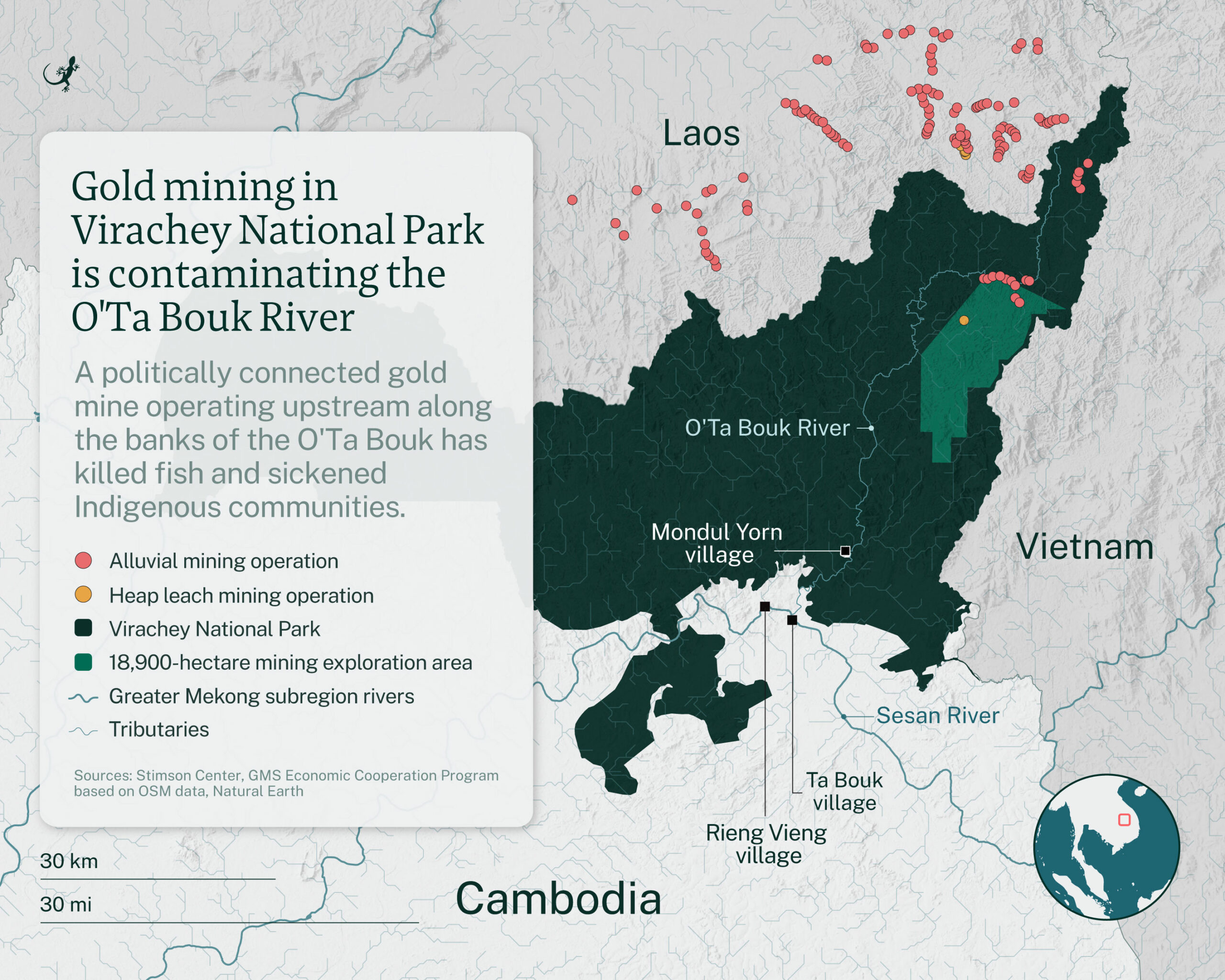 Mines identified by the Stimson Center match areas along the O’Ta Bouk River where Global Green was granted an 18,900-hectare exploratory mining license in 2023. The concession was transferred to Thea Karng Development Investment in January 2025. Image by Emilie Languedoc / Mongabay.