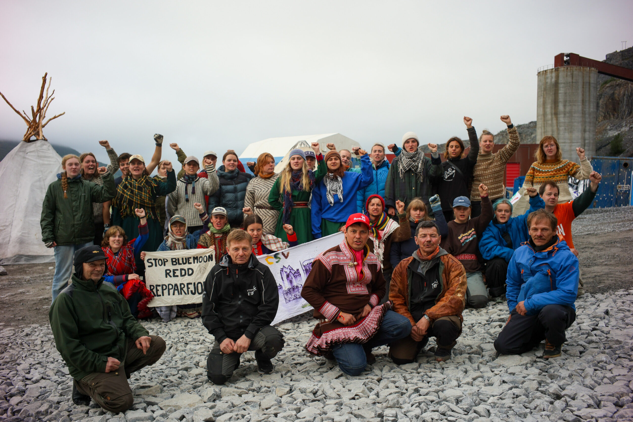 Sámi reindeer herders and conservationists hold a protest camp at the facilities of the Blue Moon Metals Nussir mine in Norway. Photo by Rasmus Berg / Natur og Ungdom.