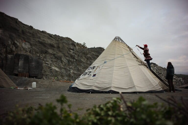 Sámi reindeer herders and conservationists set up a protest camp at the facilities of the Blue Moon Metals Nussir mine in Finnmark county, Norway. Photo by Rasmus Berg / Natur og Ungdom.