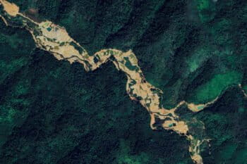 Satellite imagery from February 2025 shows the transformation of the landscape at Global Green's gold mine, which is believed to be contaminating the O'Ta Bouk River. Image provided by Google Earth, Maxar Technologies.