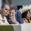 Marina Silva, Brazil's Minister of the Environment and Climate Change (left), Fernando Haddad, Brazil's Minister of Finance (center), and Minister of Indigenous Peoples, Sônia Guajajara (right) during a press conference on the Tropical Forest Forever Fund (TFFF). Image courtesy of Rafa Neddermeyer/COP30 Brasil Amazônia/PR.