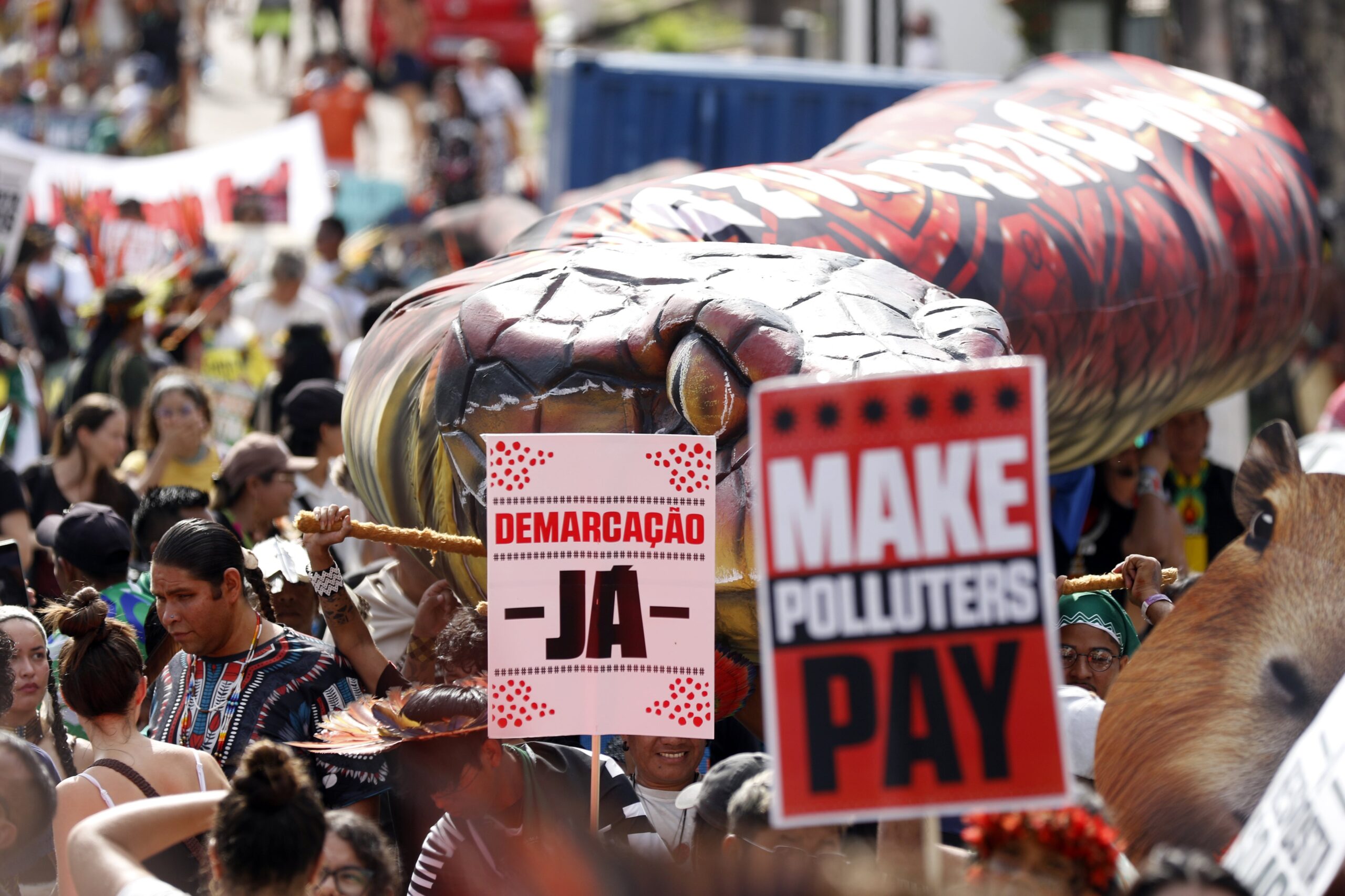 Global March of Indigenous Peoples at COP30 in Belém. Demonstrators called for an end to fossil fuel exploitation worldwide and the demarcation of new Indigenous lands. Image courtesy of Bruno Peres/Agência Brasil.