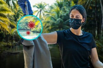 Collage: Elise Paietta, postdoctoral research scholar during fieldwork, with tropical forest