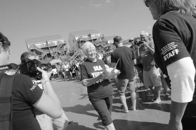 Jean Beasley with the Karen Beasley Sea Turtle Rescue and Rehabilitation Center with a juvenile Kemp's Ridley sea turtle on Sept. 17, 2013 in Surf City, N.C. Photo courtesy of KEN BLEVINS/STARNEWS