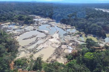 Devastation left behind by illegal gold mining within the borders of the Sararé Indigenous territory in Mato Grosso, Brazil. Image courtesy of IBAMA.