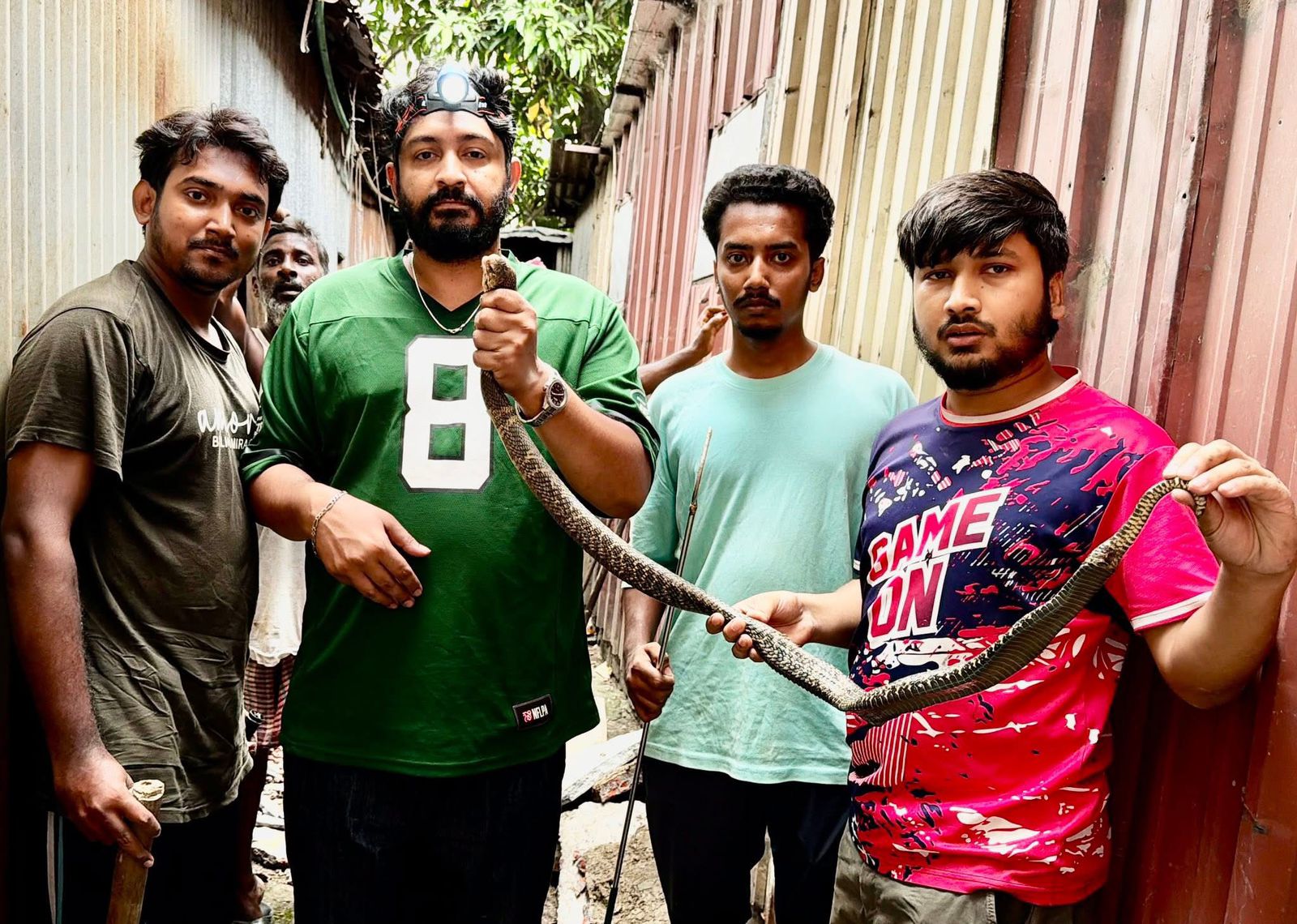 Rescuers with a rescued snake in Dhaka.