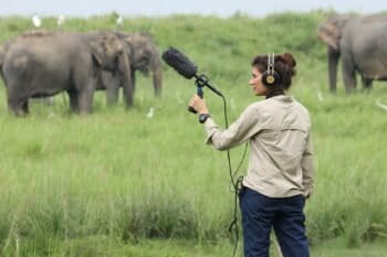 Seema Lokhandwala records elephant calls at Kaziranga National Park. Image courtesy of Vijay Bedi.