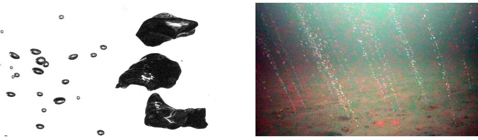 Left image: Bubble shapes in water vary, being almost spherical up to a millimeter in size (the small bubbles at far left), then become ellipsoidal in the several millimeter range and can be irregularly shaped when much larger. Right: An area in the North Sea where methane is being released from the ocean floor and forms distinct bubble streams. Accurately measuring the flux, rise speed and bubble size distribution is crucial for contributing to larger scale ocean and atmosphere models.