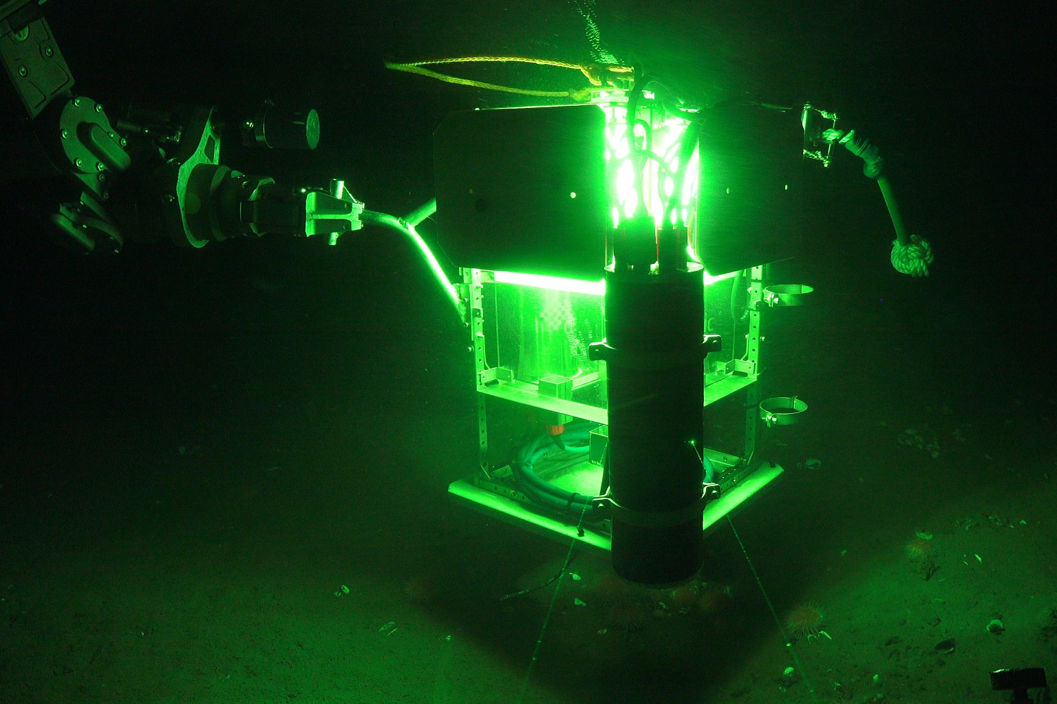 The ROV SuBastian’s manipulator jaw stabilizes GEOMAR’s glowing bubble box that is capturing high-resolution images of methane bubbles rising from the seafloor.