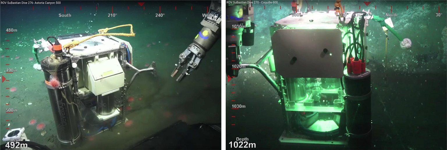 A bubble box deployed by a remotely operated vehicle in the Pacific Ocean offshore Oregon. The instrument is positioned on the seafloor over a seep spot where methane bubbles escape; bubbles rise through the instrument and are photographed by a wide baseline stereo camera setup at high frame rates for photogrammetric characterization of size, shape, rise speed and number.