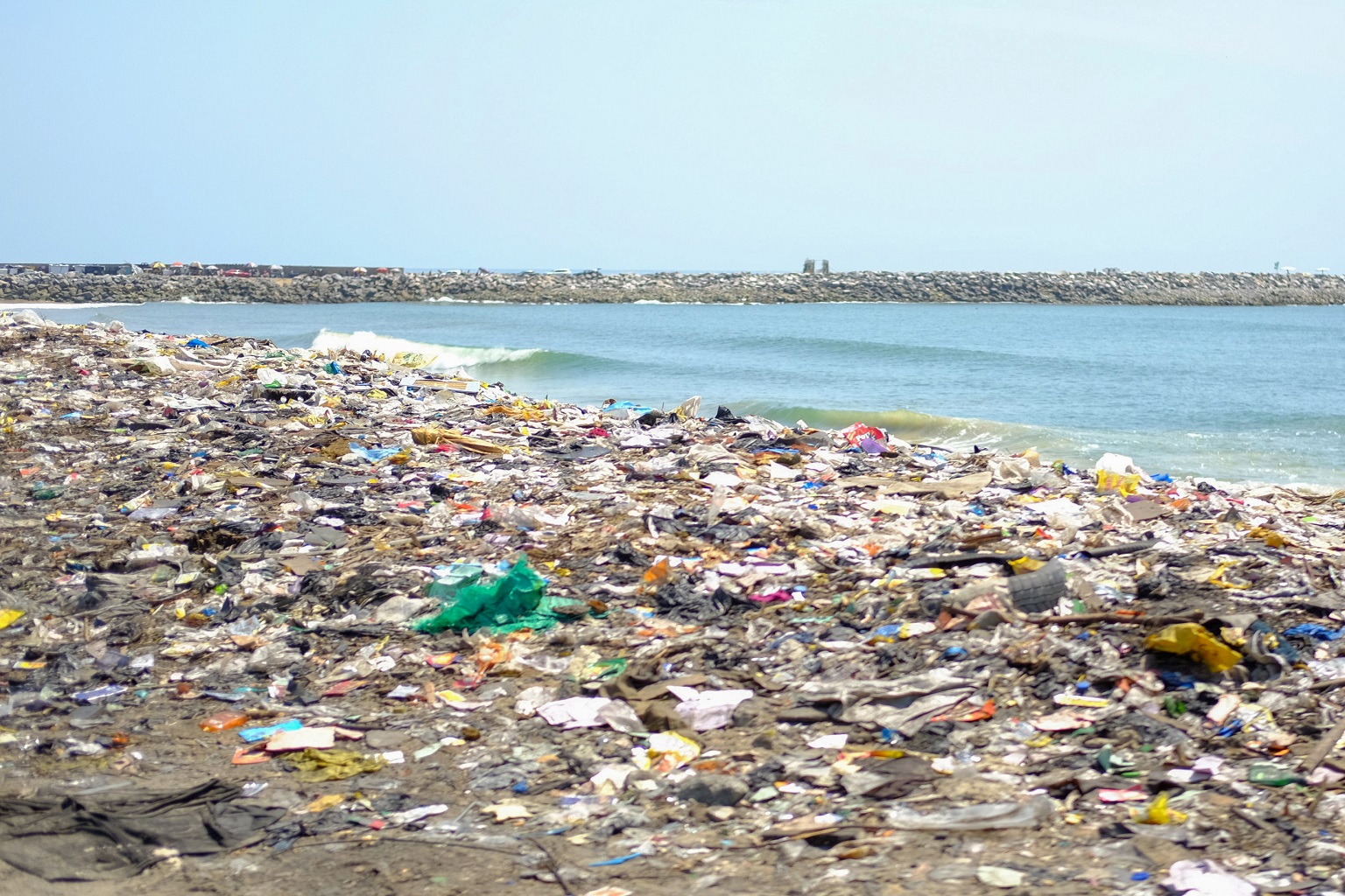 A wave-breaking wall mitigates seasonal flooding in Lagos, Nigeria.