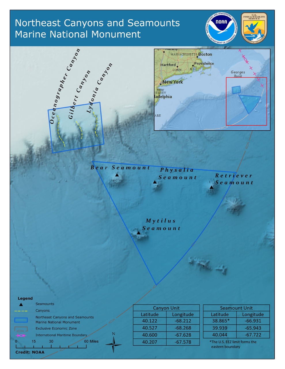 The Northeast Canyons and Seamounts Marine National Monument, which is divided into two sections, straddles a continental shelf and contains canyons and seamounts, which are underwater mountains. Image courtesy of NOAA and U.S. Fish & Wildlife Service.