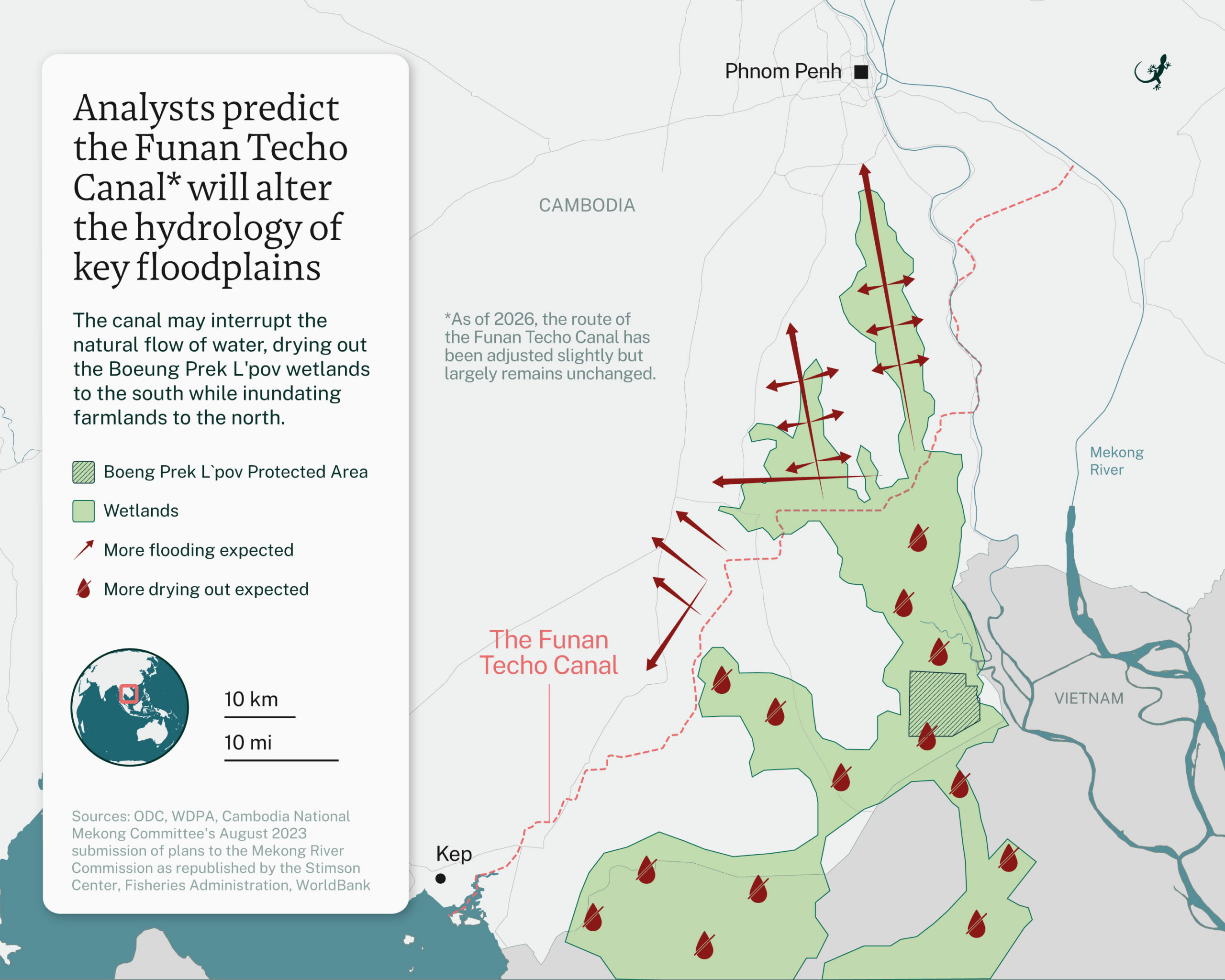 This map details how land north of the Funan Techo Canal is expected to flood more frequently after the project is complete, while farmlands and wetlands south of the canal may experience more drought. Image by Andrés Alegría/Mongabay.