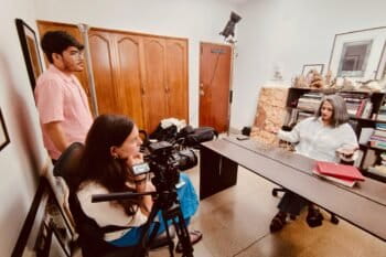 Torres (middle) conducting an interview with architect Marina Tabassum in Dhaka, Bangladesh, in 2025. Image courtesy of Wasif Kabir.