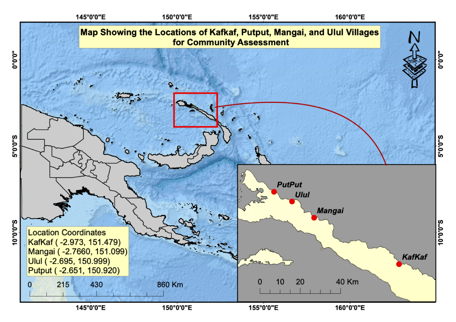 A map showing the locations of the most affected communities in New Ireland. Image courtesy of Ailan Awareness.