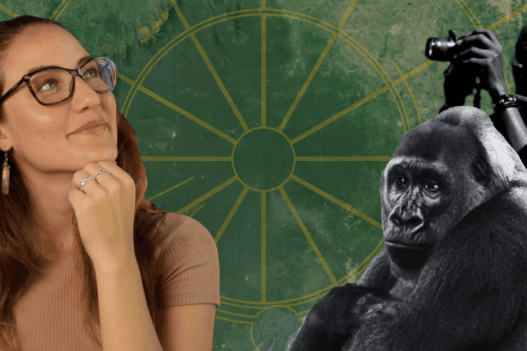 Collage of Romi Castagnino, Mongabay reporter, and a gorilla