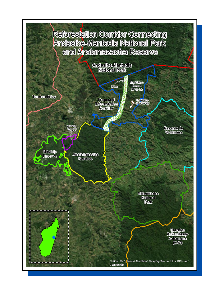 Map of the proposed reforestation corridor connecting Andasibe-Mantadia National Park and the Analamazoatra Special Reserve.