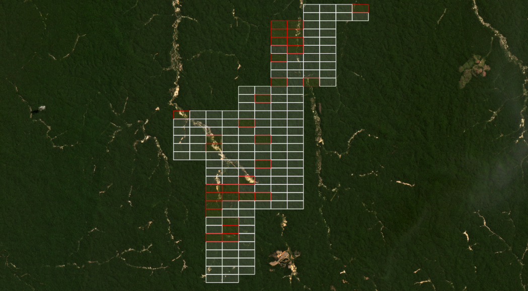 Map of lawyer José Antunes’s permitted mines in Pará state. He reported production in 31 of 162 blocks, though several have no detectable mining activity. Image courtesy of Planet Inc. Source: ANM.