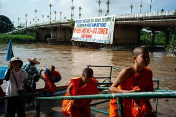 Buddhist monks who participated in the Peace Walk arrive to attend a ceremony marking World Environment Day in Chiang Rai, Thailand, on 5 June 2026. Photo by Ta Mwe.