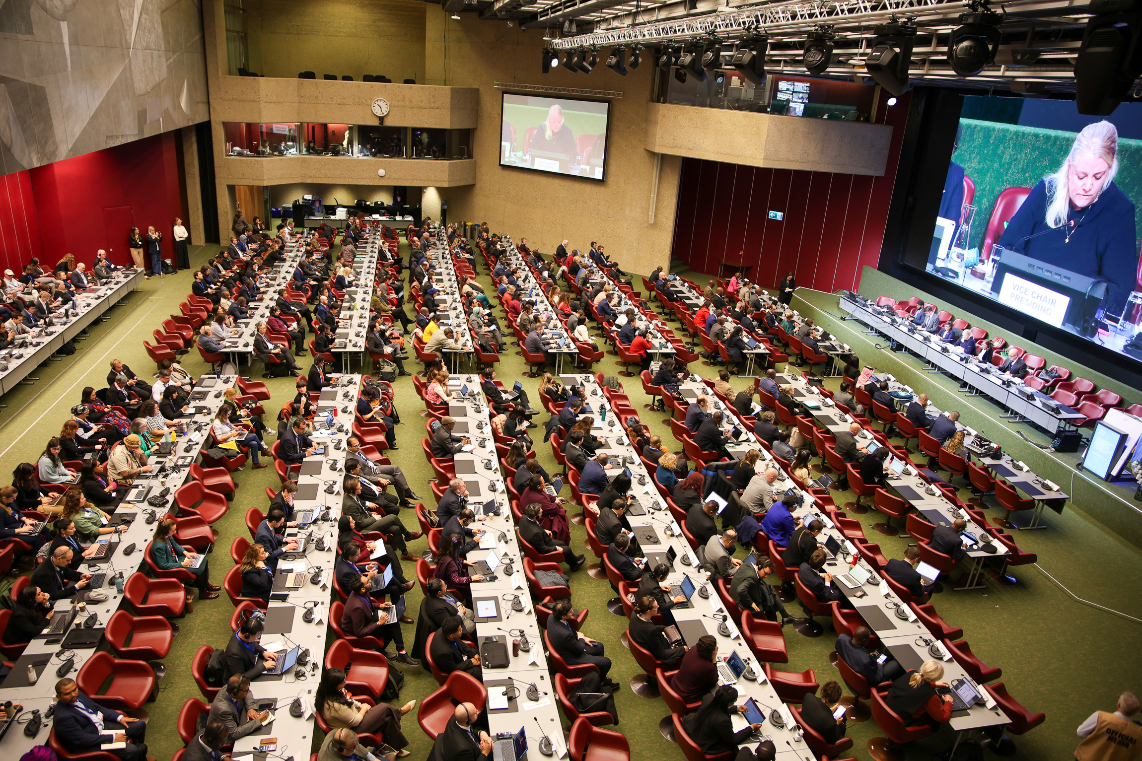 View of the Feb. 7, 2026 INC plenary session when Julio Cordano took on the role of INC chair. Image by IISD/ENB/Mike Muzurakis.