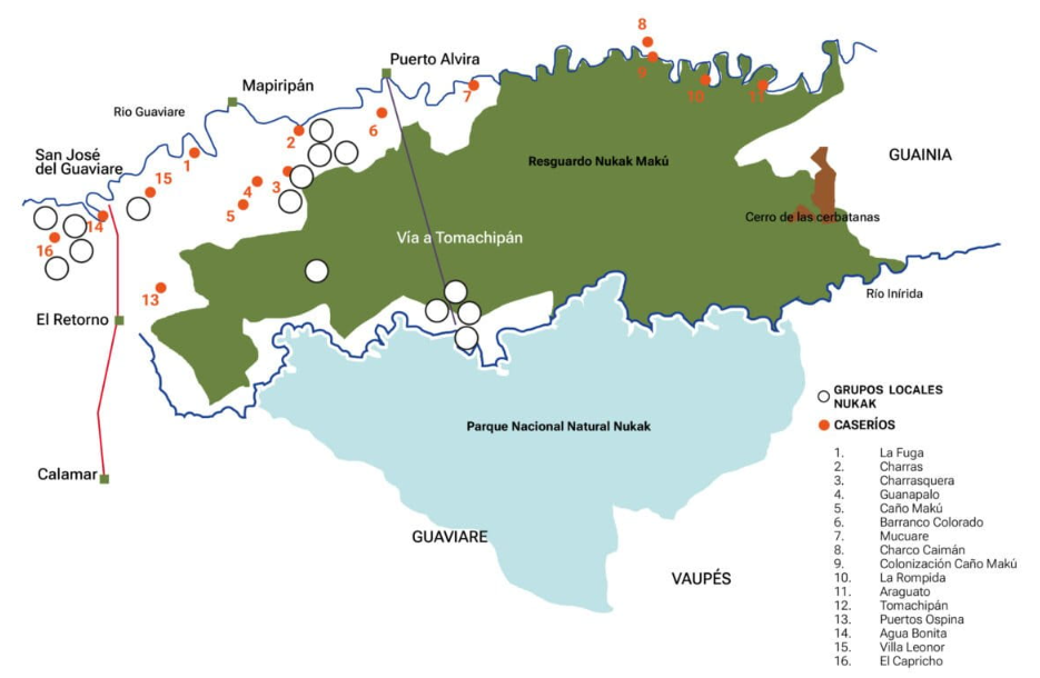 Map of the Nukak peoples’ mobilization. Map sourced from the report “Contact, Forced Displacement and Changes among the Nukak,” by Danny Mahecha and Carlos Franky.