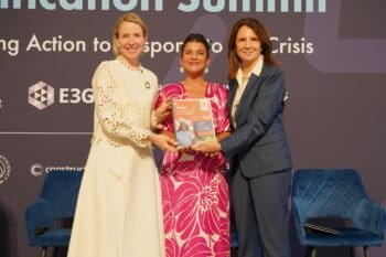 Left to right, the Netherlands' Minister for Climate Policy and Green Growth, Stientje van Veldhoven; along with Colombia's Minister of Environment and Sustainable Development, Irene Vélez Torres; and Ana Toni, COP30 CEO, during the launch of the outcome report from the First Conference on Transitioning Away from Fossil Fuels at the London Climate Action Week. Image courtesy of Wilder García/ Ministry of Environment and Sustainable Development of Colombia.