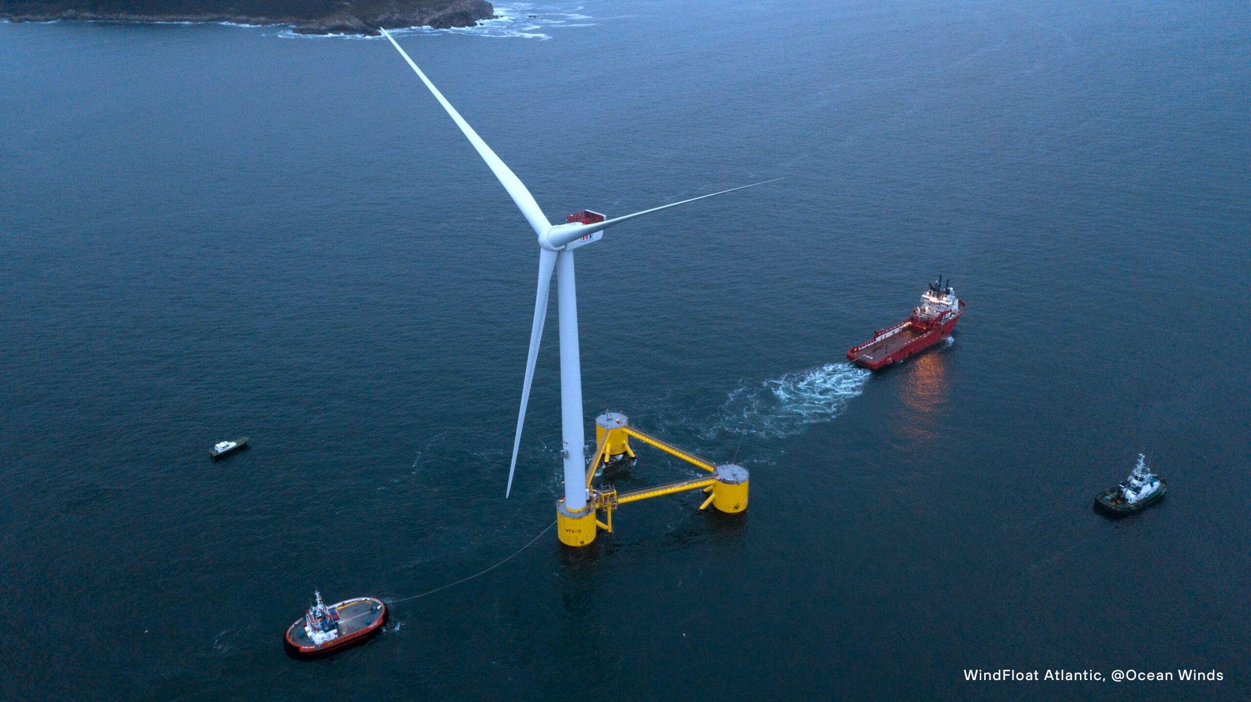 A small 25 MW floating wind farm off the coast of Portugal. In May this year, Spain-based energy company Ocean Winds launched another pilot floating wind farm off the coast of France with three 10 MW turbines that the company says will enable a 250-MW project it’s currently planning. Image courtesy of Ocean Winds.
