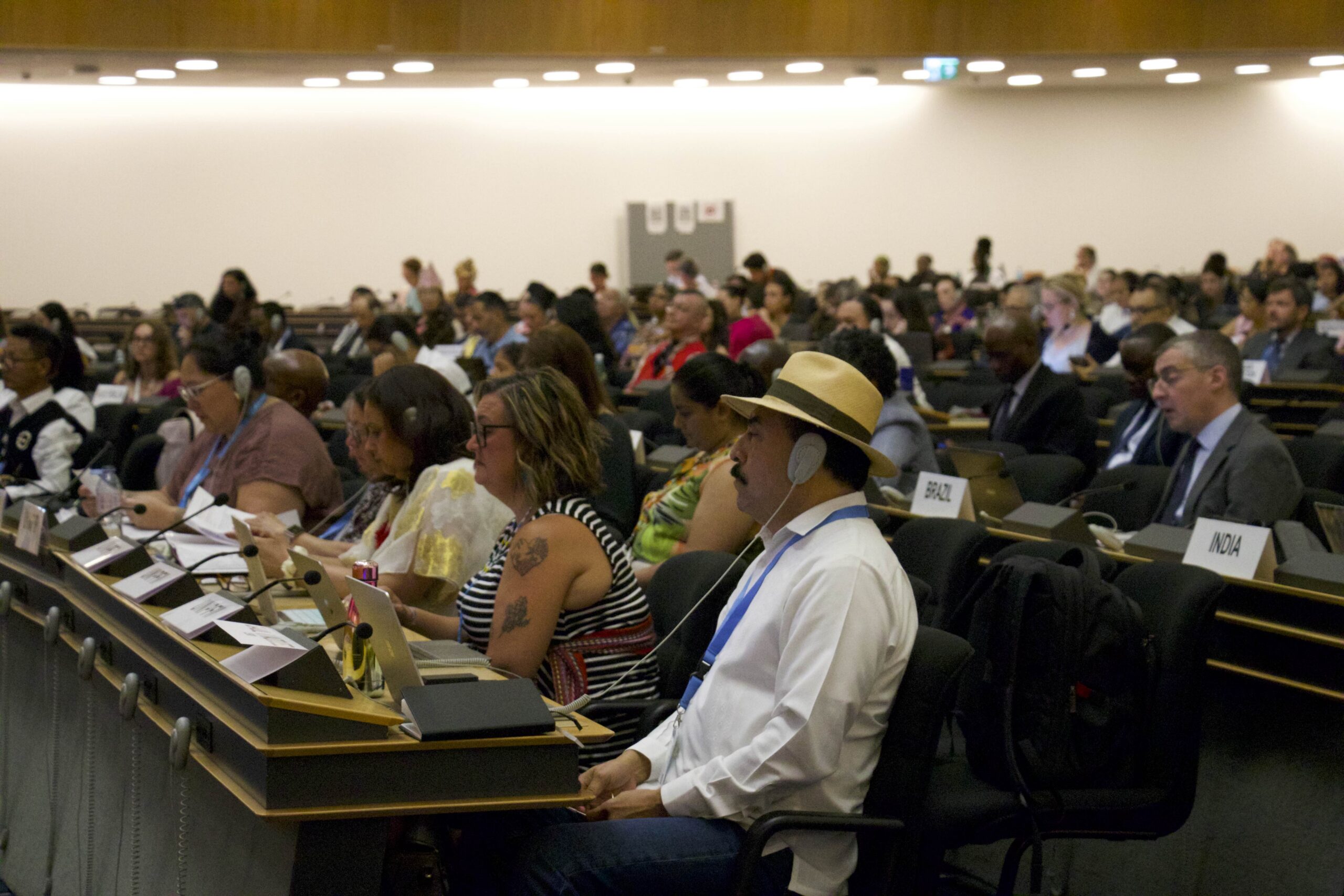 Indigenous delegates at the United Nations Expert Mechanism on the Rights of Indigenous Peoples (EMRIP) in Geneva in July 2026. Image by Dionne Phillips.