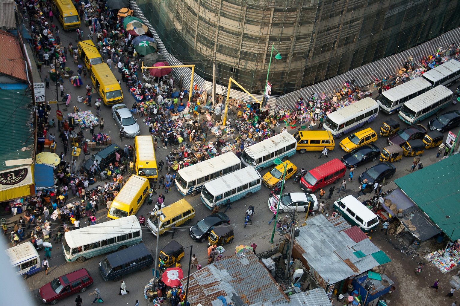 A crowded street in Lagos, Nigeria. Redesigning urban infrastructure to provide optimal cooling is extremely challenging in tropical cities that often have developed haphazardly since the colonial period, and is difficult for budget-strapped municipal and national governments.