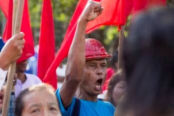 Activists in Myanmar protest against the Myitsone Dam project in this 2019 file photo. Image by AP Photo/Thein Zaw.