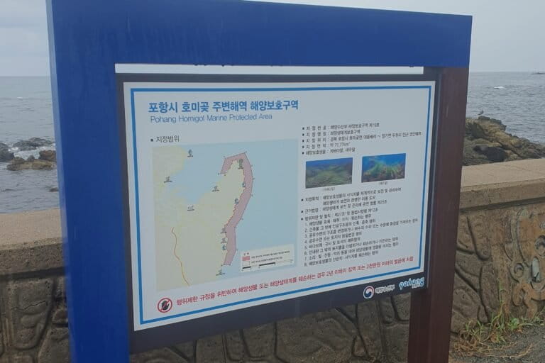A notice posted by South Korea’s Ministry of Oceans and Fisheries, seen on Aug. 16, 2026, shows that the waters off Guman-ri and Daebo-ri are protected areas and that damaging or harming the spawning grounds or habitats is strictly prohibited.