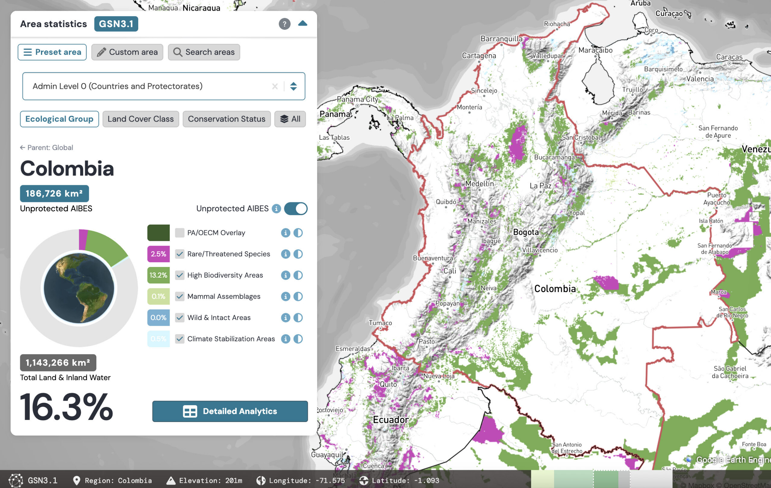 Global Safety Net v3 maps landscapes around the world, and gives data on how they are faring. Above, a screengrab from the platform illustrating unprotected land in Colombia.