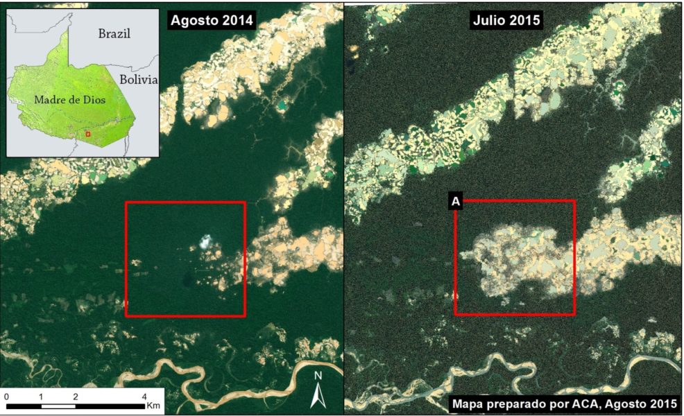 Mapas satelitales de MAAP muestran la expansión de la deforestación por minería aurífera hasta febrero del 2015 en la zona conocida como La Pampa, ubicada en la región de Madre de Dios en el sur de la Amazonía peruana.