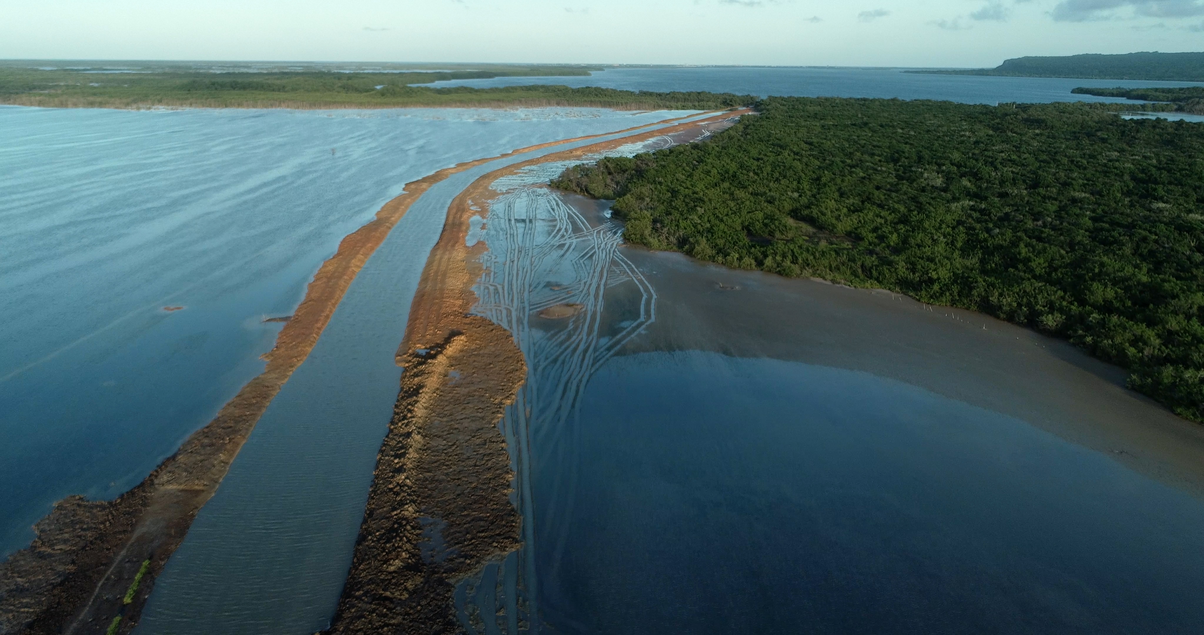 Proyecto turístico en humedal. El terraplén levantado para el canal de navegación impide el paso de agua dulce hacia las albuferas y el Golfete. Foto: Amigos de Cuare.