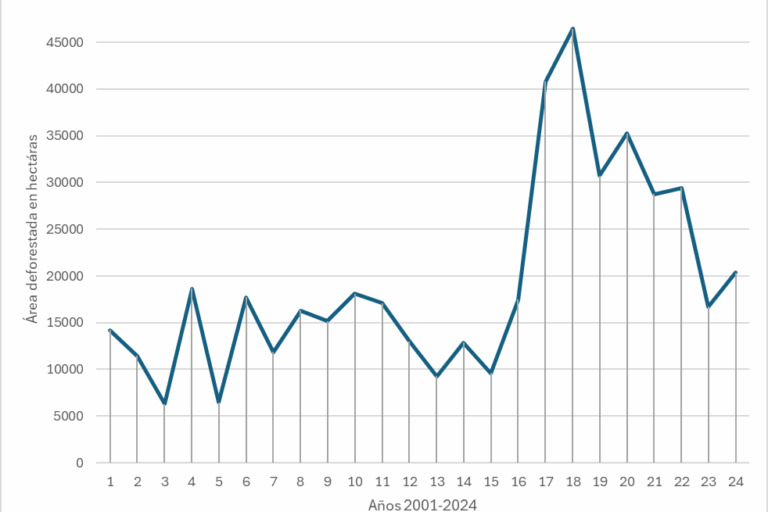 Serie de tiempo de área de cobertura arbórea perdida entre 2001 y 2024.