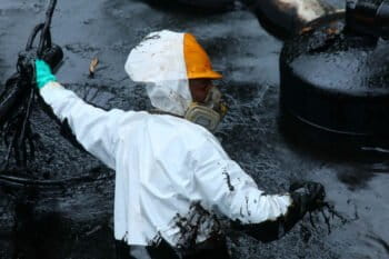 Fotografía tomada a una semana del derrame de Petroecuador, en uno de los puntos de contención del crudo, en la provincia de Esmeraldas. Foto: cortesía Manuel Avilés / Revista Vistazo