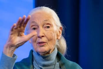 Jane Goodall, Fundadora, Instituto Jane Goodall; Mensajera de la Paz de las Naciones Unidas, EE.UU., hablando en la sesión del Foro Abierto: Decir la Verdad al Poder en la Reunión Anual del Foro Económico Mundial 2024 en Davos-Klosters, Suiza, 17 de enero. Foro Abierto - Escuela Secundaria Suiza Alpina. Derechos de autor: Foro Económico Mundial/Sandra Blaser.