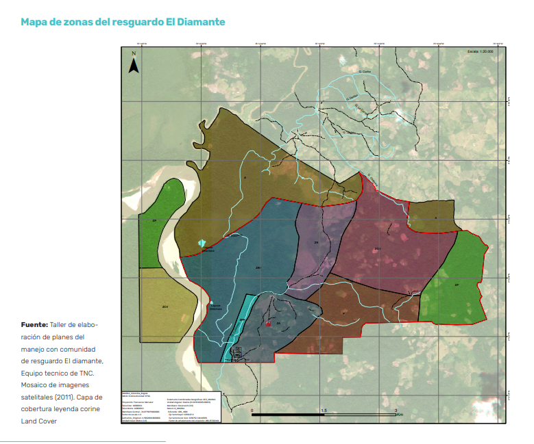 Este mapa ilustra la zonificación ambiental y cultural del resguardo El Diamante. En él se identifican áreas destinadas a la conservación, lugares sagrados, cultivos tradicionales, pesca, cacería, ganadería sostenible y reforestación. Foto: Plan de Manejo Korebaju, facilitado por la comunidad