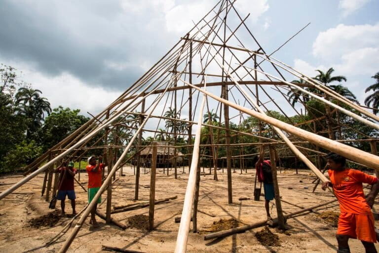 Pobladores indígenas construyen una cabaña