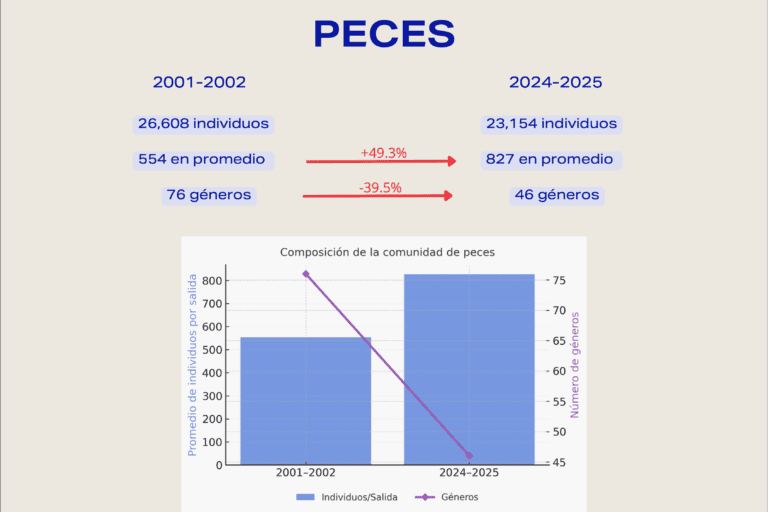 Gráfica sobre la pérdida de especies de peces en el Golfo de California por calentamiento del mar